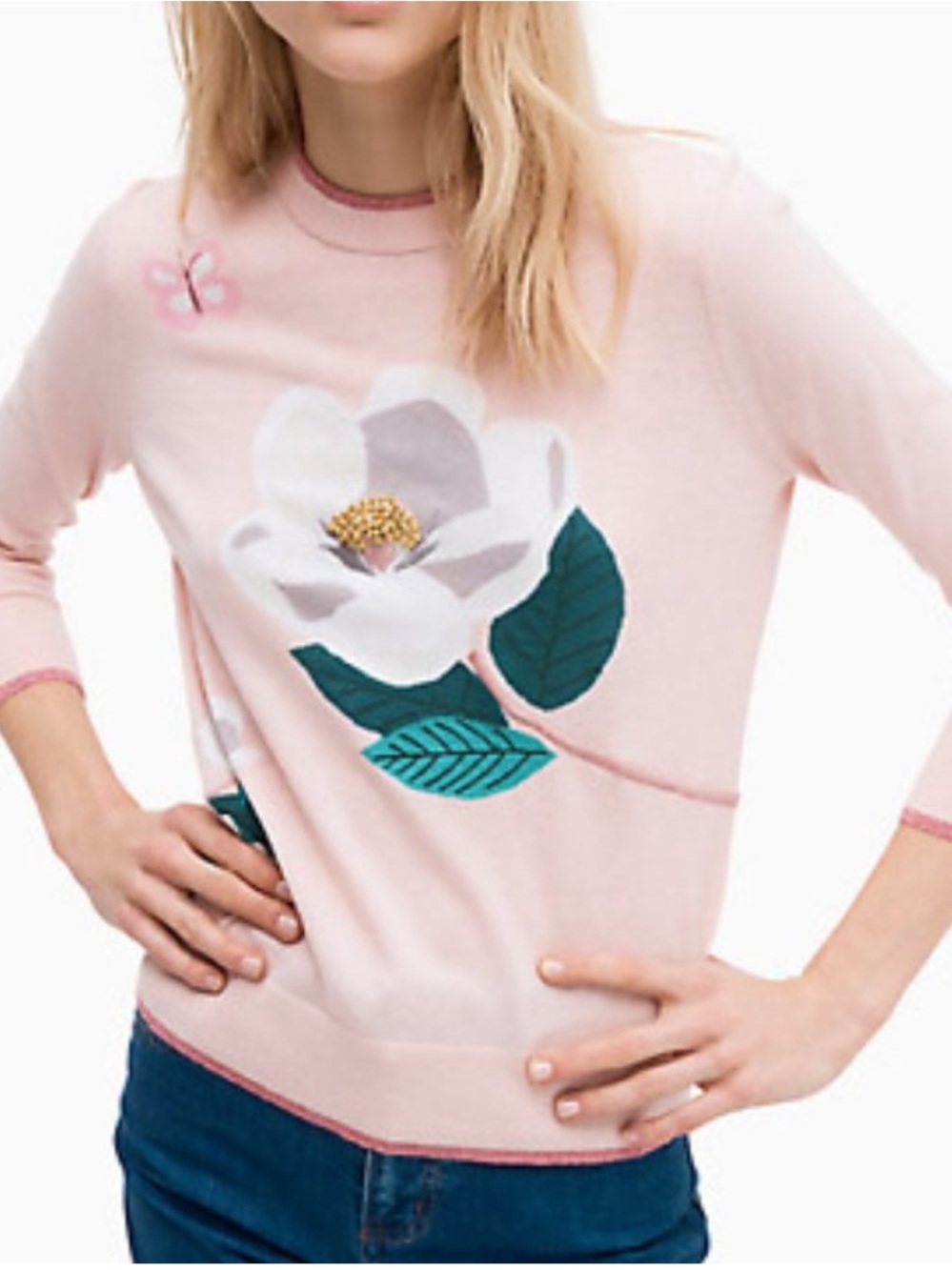 Kate Spade sweater floral‎ sparkle accents size L/S pale pink fits Xs S NWT